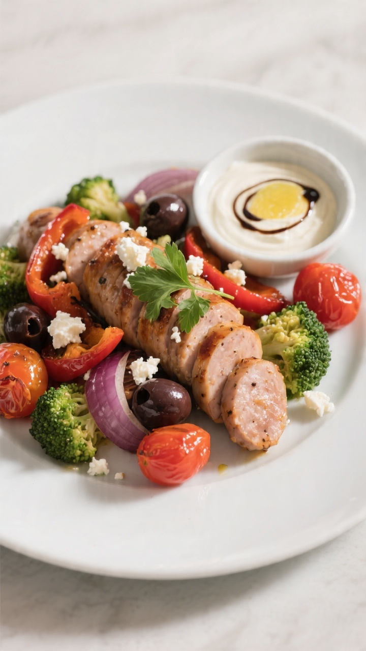 Final plated dish: Restaurant-quality presentation of the Mediterranean variation—sliced chicken s