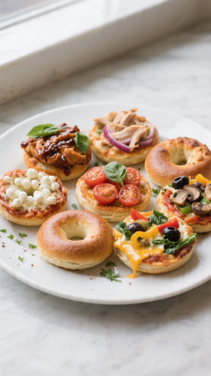 Final plated hero: Beautifully plated assortment of mini pizza bagels on a matte white platter—mix