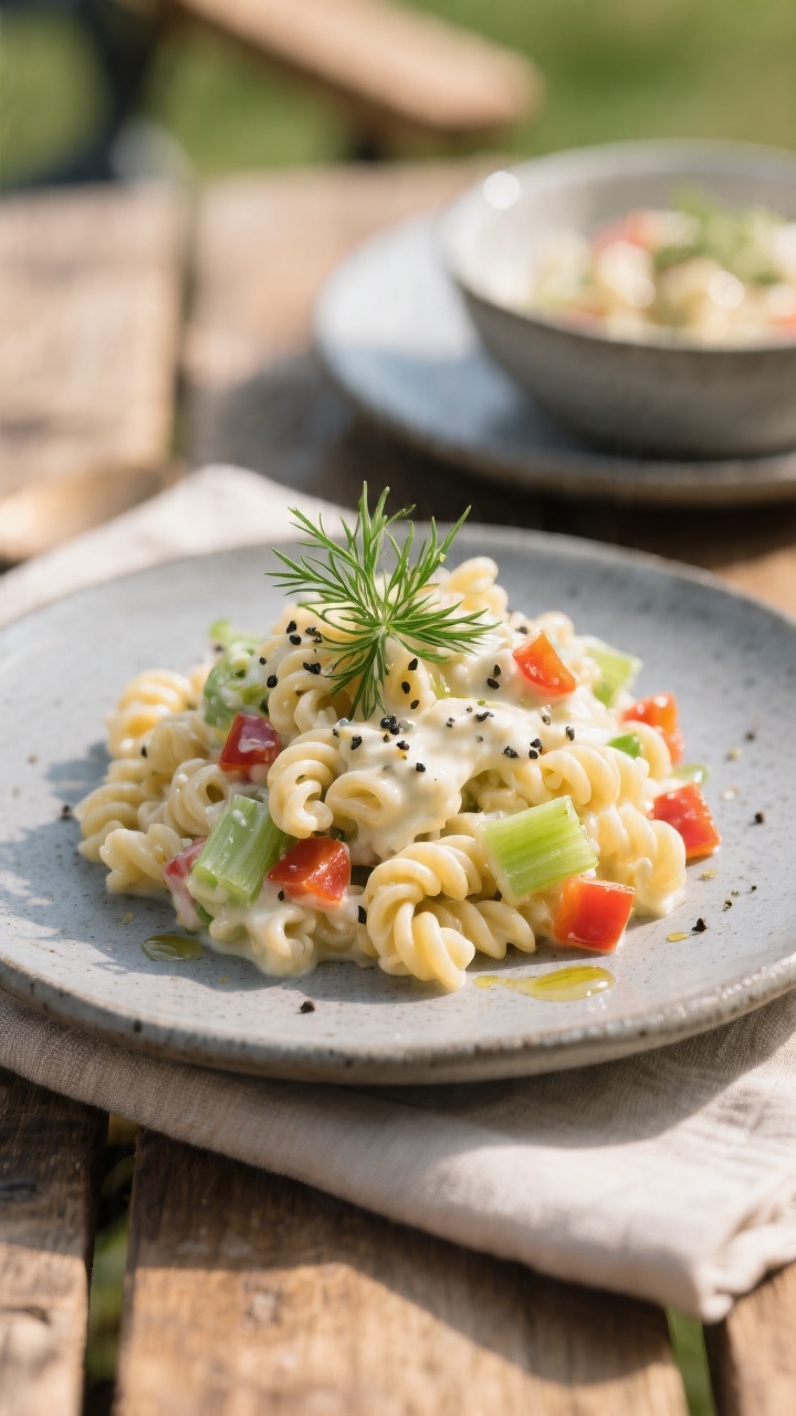 Final plated presentation: Beautifully plated scoop of chilled macaroni salad on a cool gray stonewa