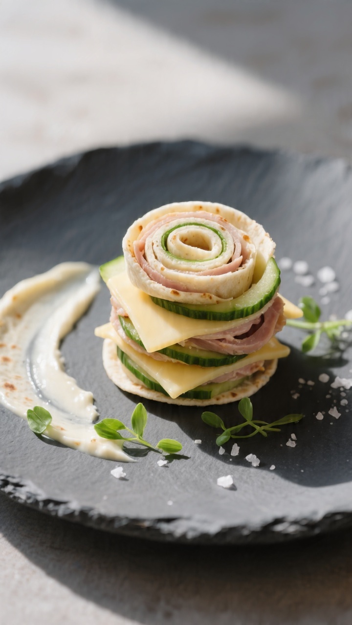 Final plated presentation: Restaurant-quality close-up of a small stack of pinwheels on a matte slat