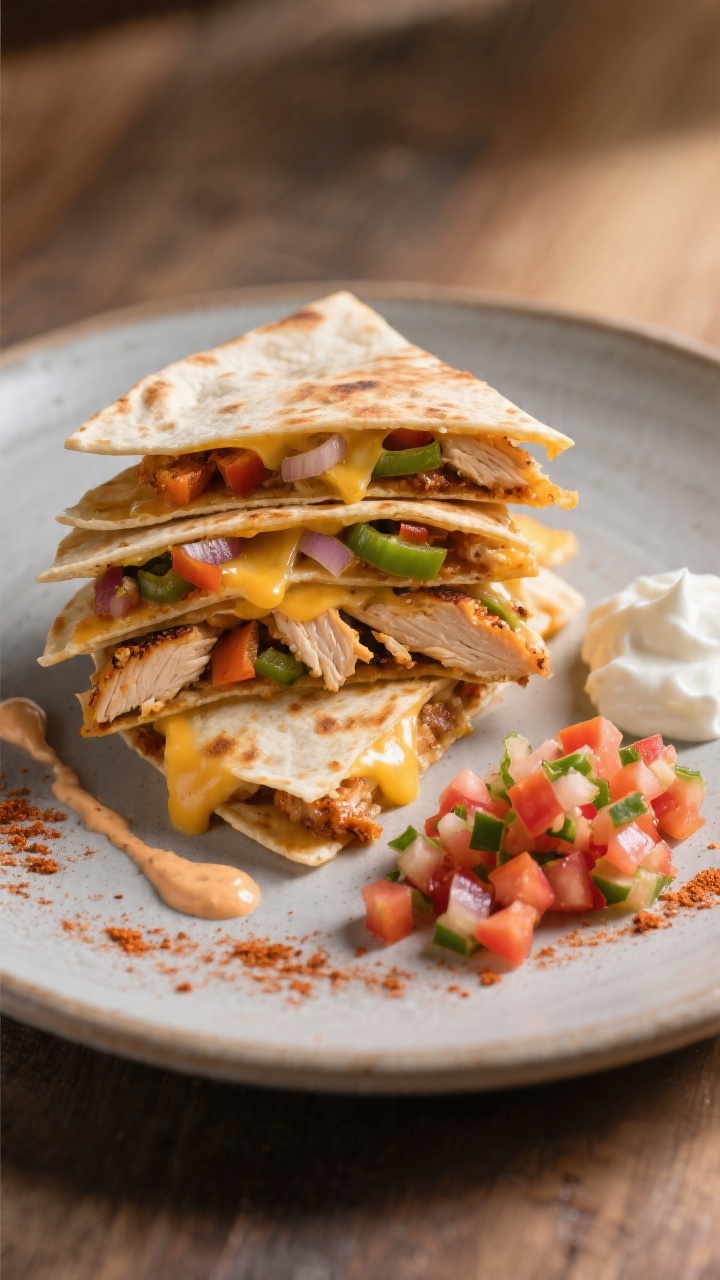 Final plated presentation: Restaurant-quality plate of chicken quesadilla wedges stacked slightly of