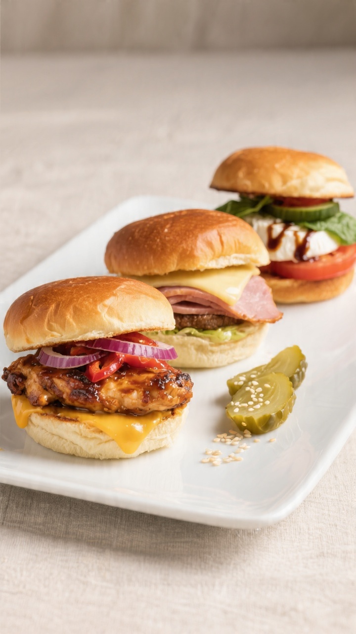 Final plated presentation: three different sliders on a matte white plate—BBQ chicken with red oni
