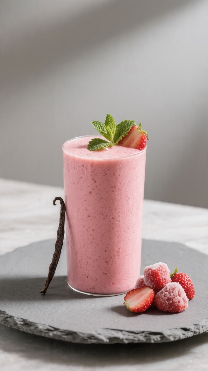 Final presentation: Restaurant-quality plated scene featuring a single tall strawberry banana smooth