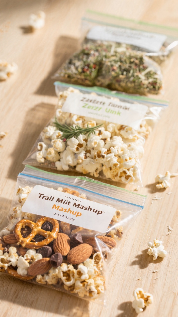 Final presentation — snack bags ready to go: Close-up of neatly portioned popcorn snack bags (2 cu
