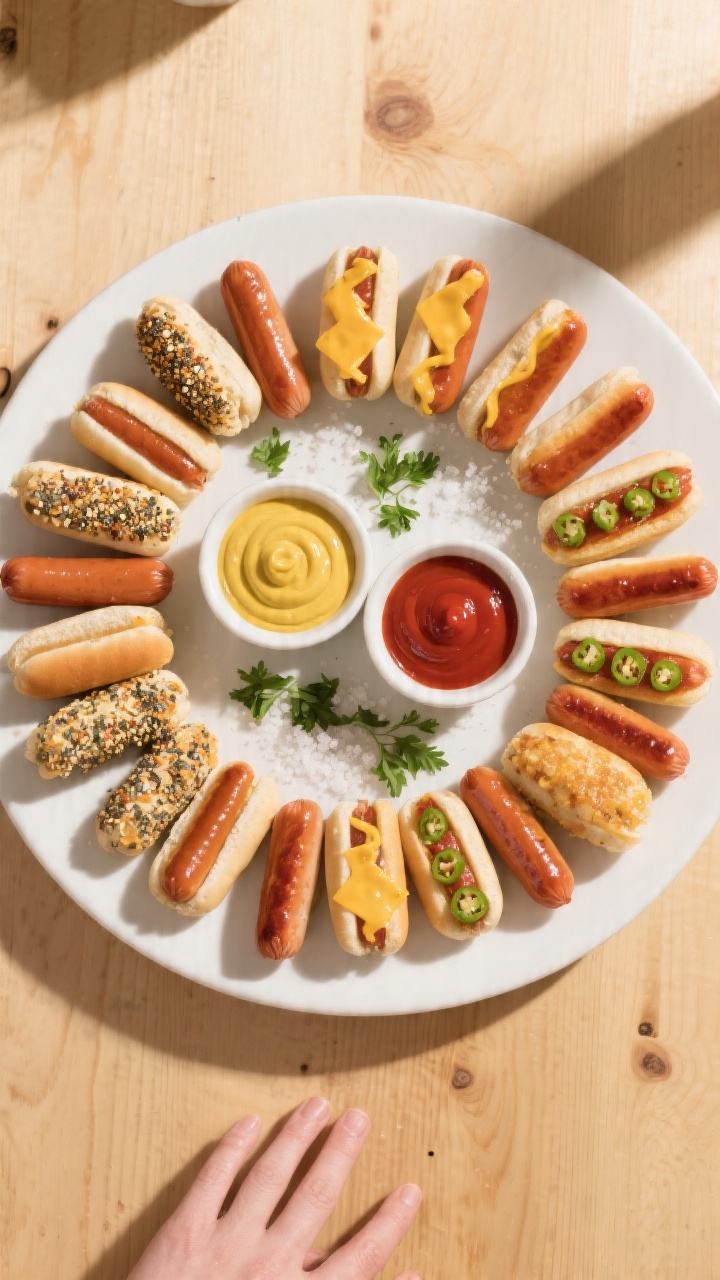 Overhead “party platter” final presentation: a circular arrangement of mini hot dogs on a matte 