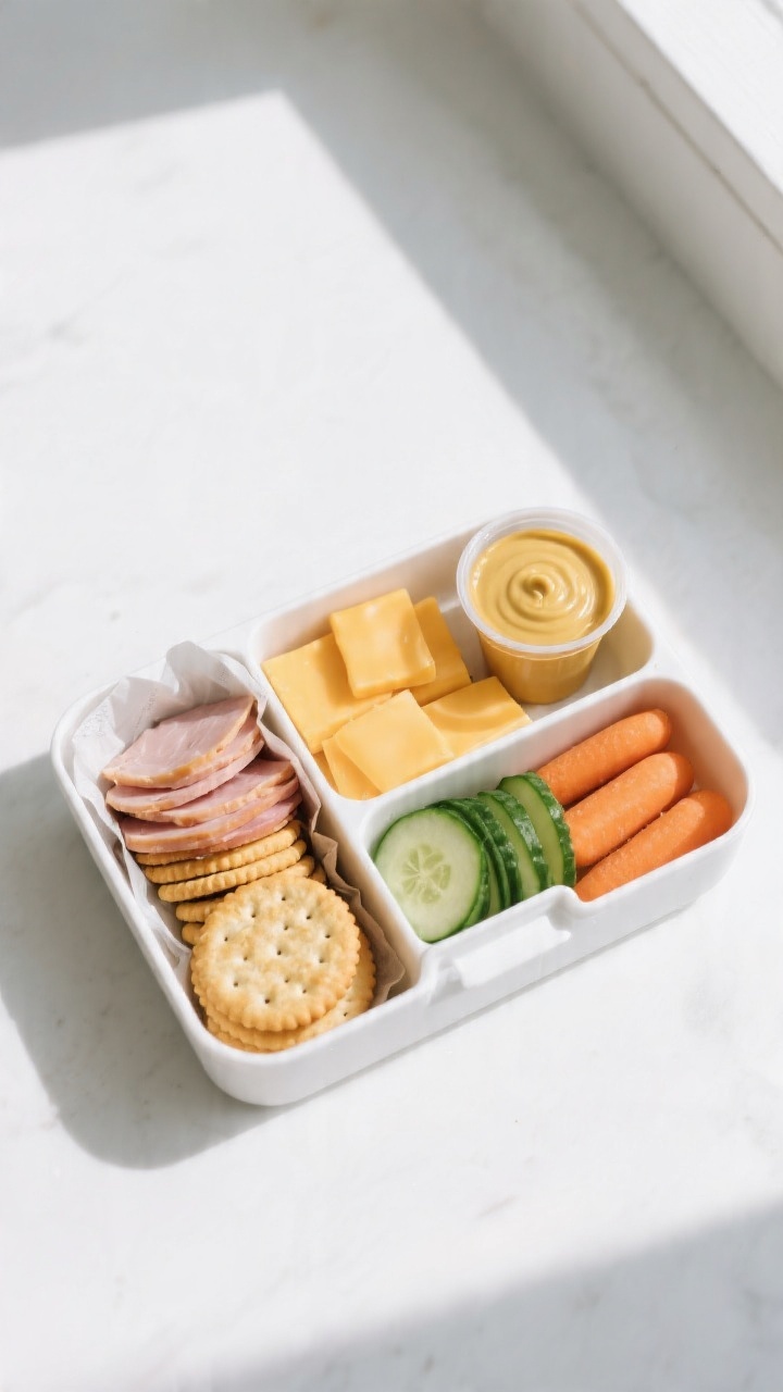 Overhead shot of a neatly assembled Homemade Lunchables snack box in a divided container: buttery ro