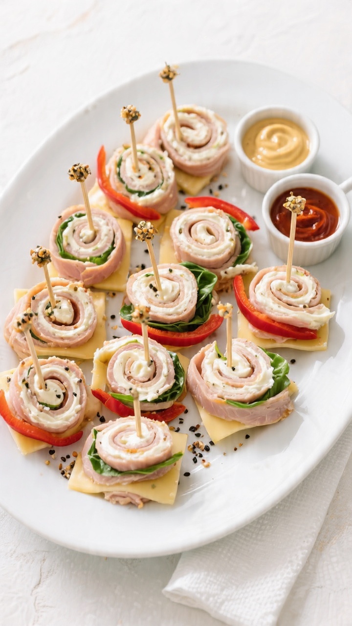 Overhead tasty top view: A large white platter filled with neatly arranged turkey and cheese pinwhee