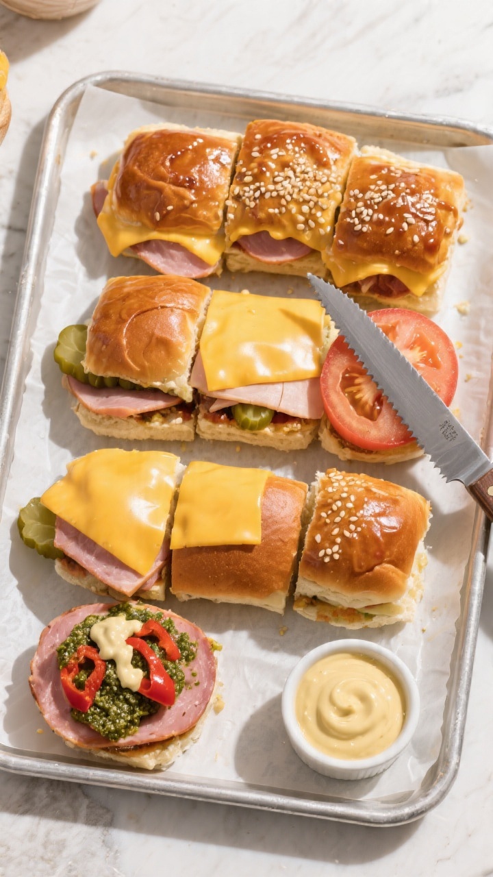 Overhead “tasty top view” of a sliced tray of assorted sliders ready to serve: neat 3x4 grid cut