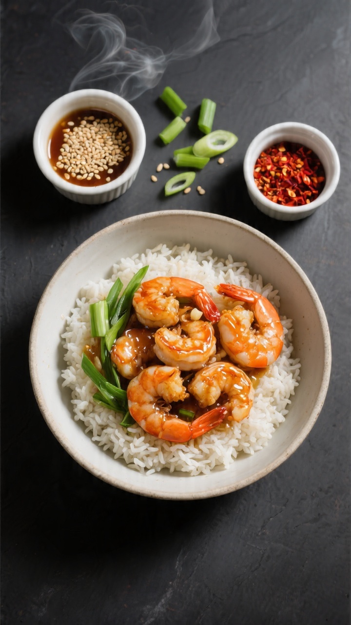 Overhead tasty top view: Top-down shot of a weeknight spread—steaming bowl of honey garlic shrimp