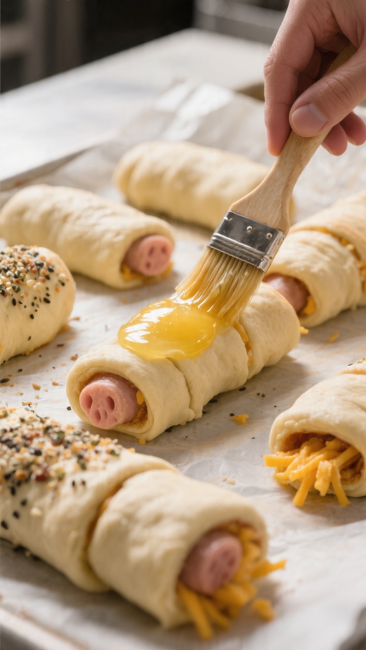Process-in-action shot without people: assembled, unbaked pigs in a blanket arranged seam side down 