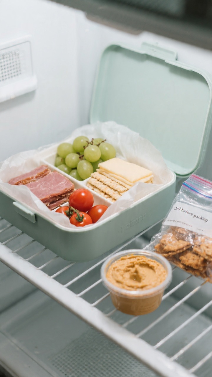 Process shot: lunch box components chilling before packing—an open container on a cooling rack ins