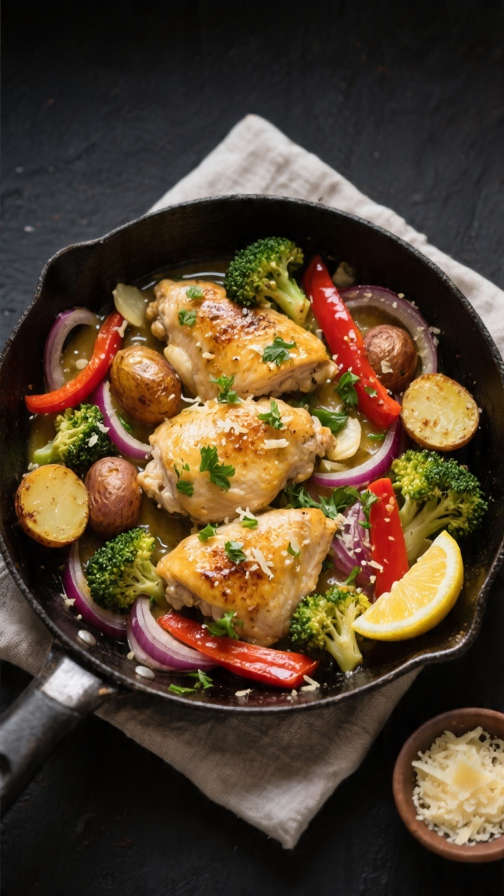 Tasty final skillet presentation: Overhead shot of finished One-Pan Garlic Butter Chicken and Vegeta