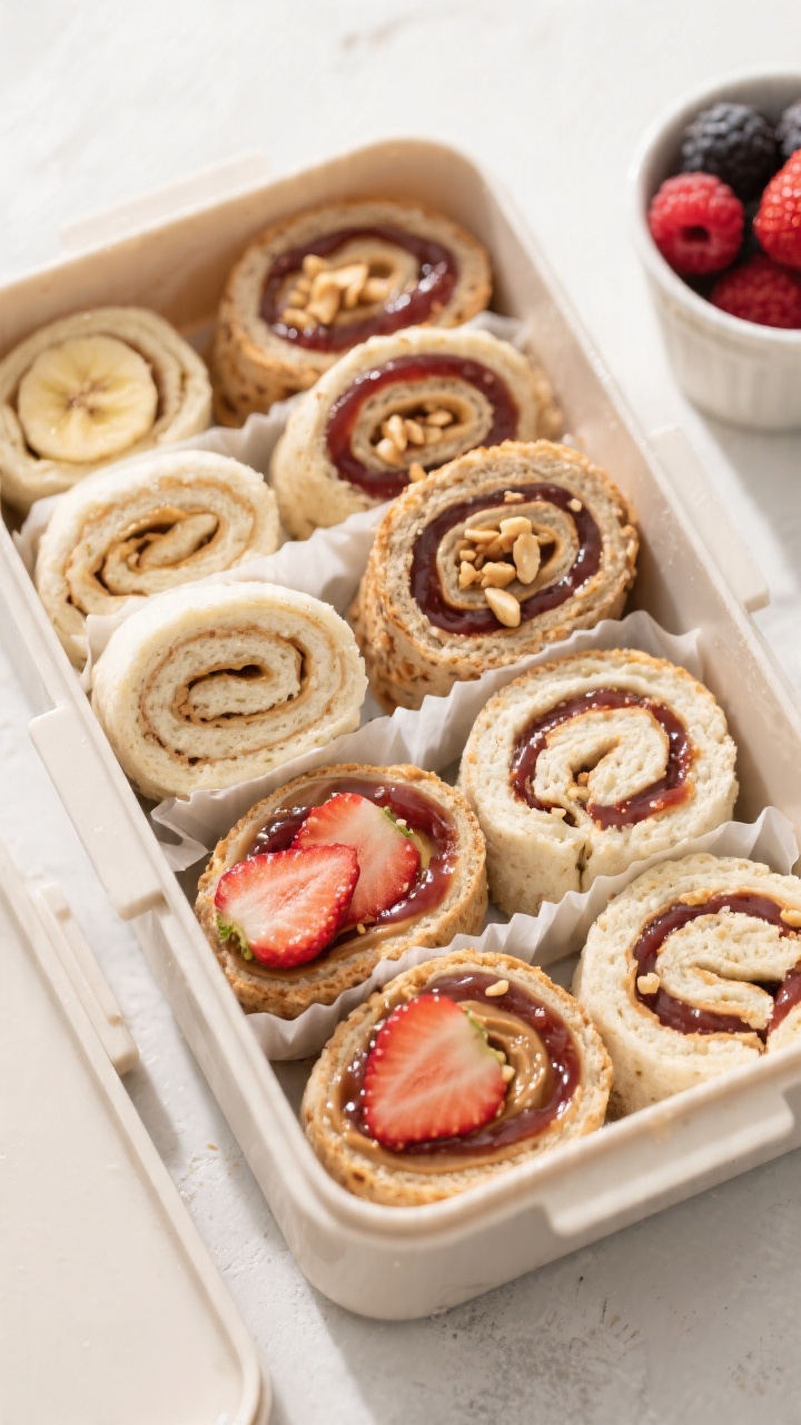 Tasty top view: Overhead lunchbox-style presentation of assorted PB&J roll-ups arranged snugly in a 