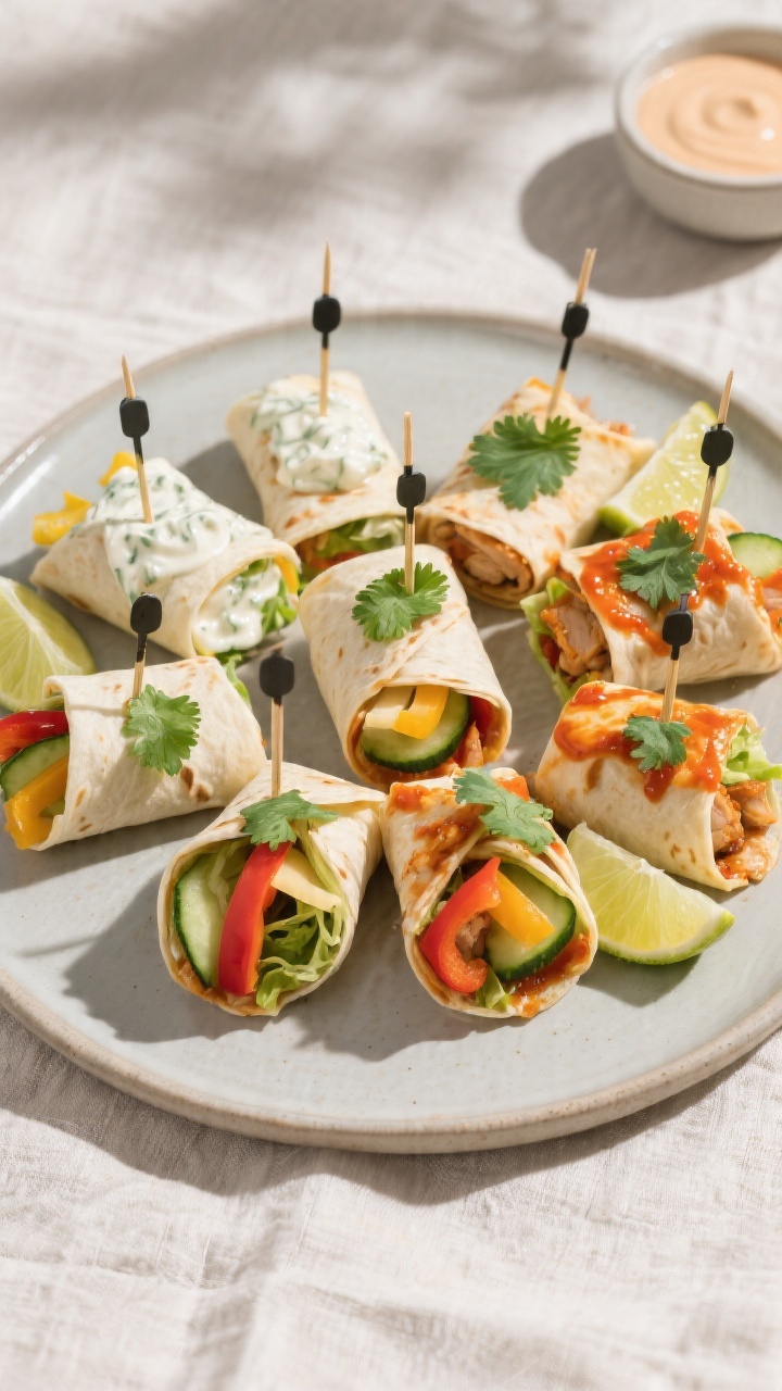 Tasty top view: Overhead platter of assorted mini chicken wraps arranged in a neat spiral, each secu