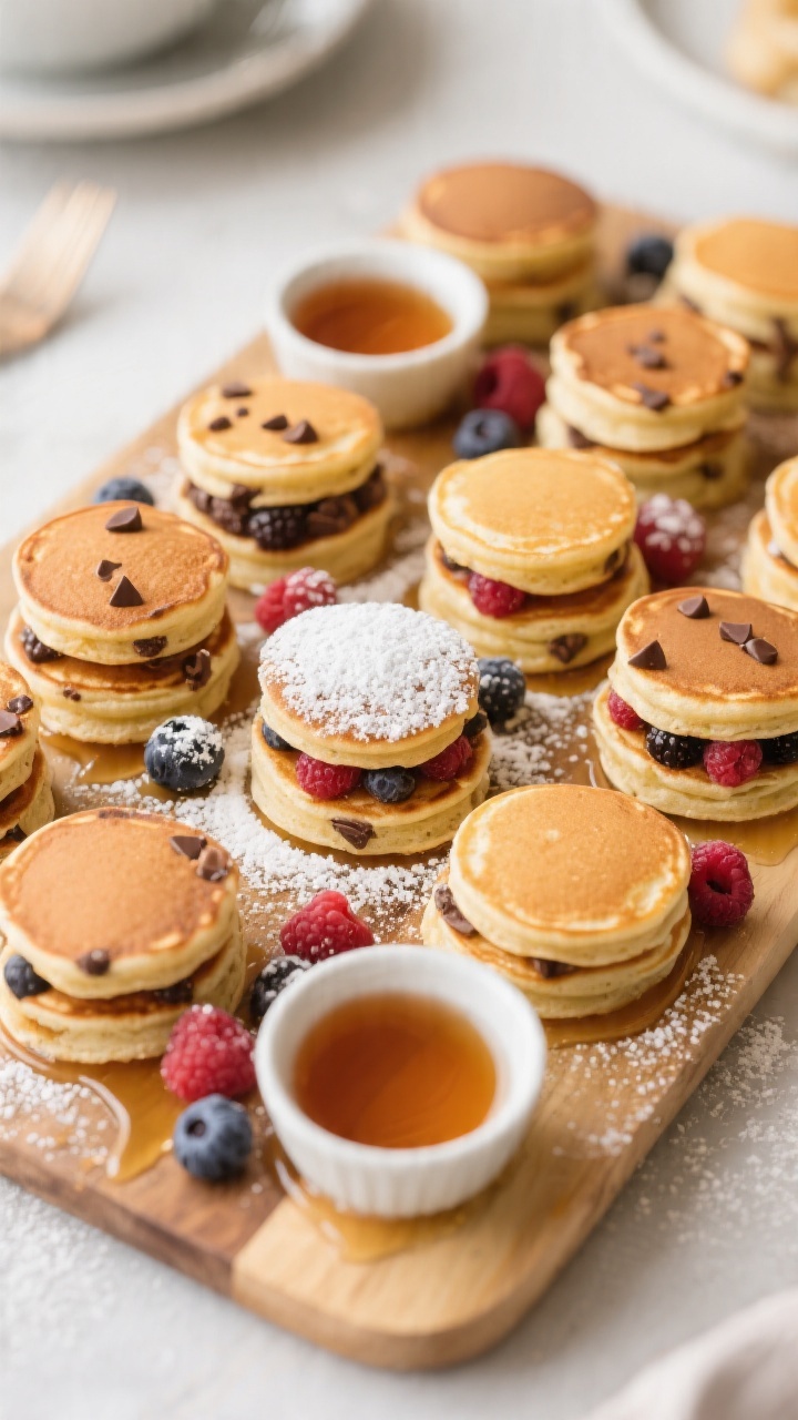 Tasty top view: Overhead shot of a brunch board filled with multiple mini pancake stacks, some with 