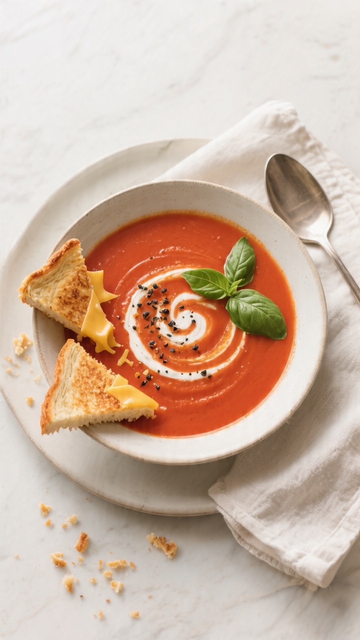 Tasty top view: Overhead shot of a complete meal—smooth, bright tomato soup in a wide shallow bowl