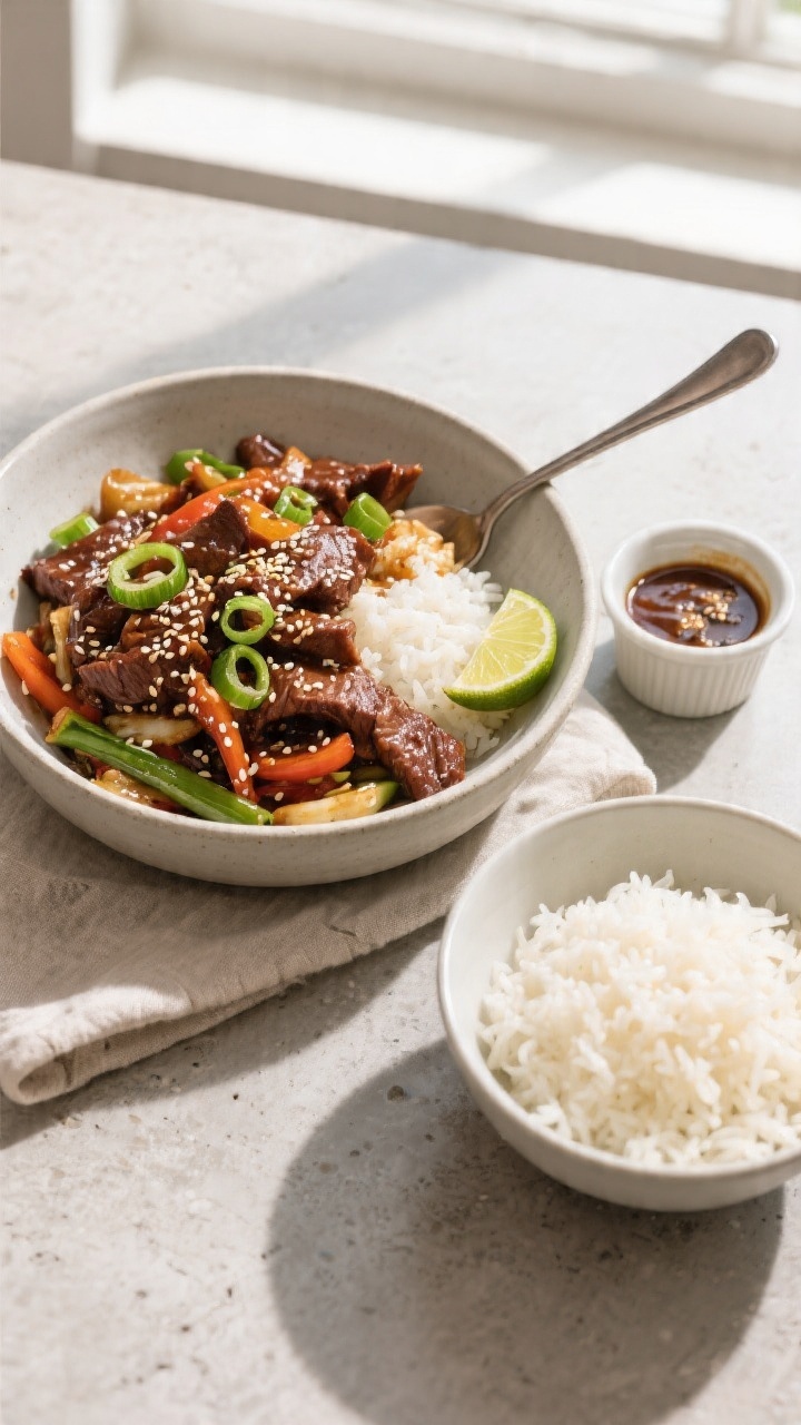 Tasty top view: Overhead shot of a family-style bowl of beef stir-fry next to a separate bowl of war