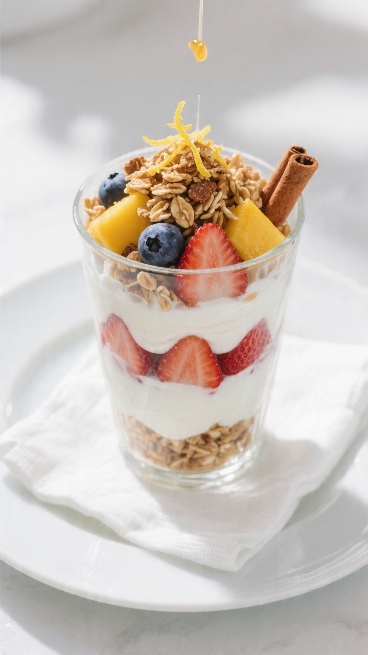 Tasty top view: Overhead shot of a finished yogurt parfait with granola in a tall, clear tumbler—d