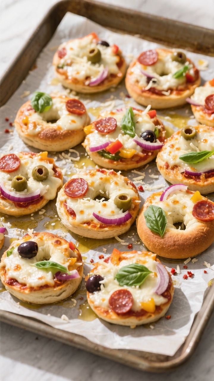 Tasty top view: Overhead shot of a full baking sheet of assembled mini pizza bagels just finished ba