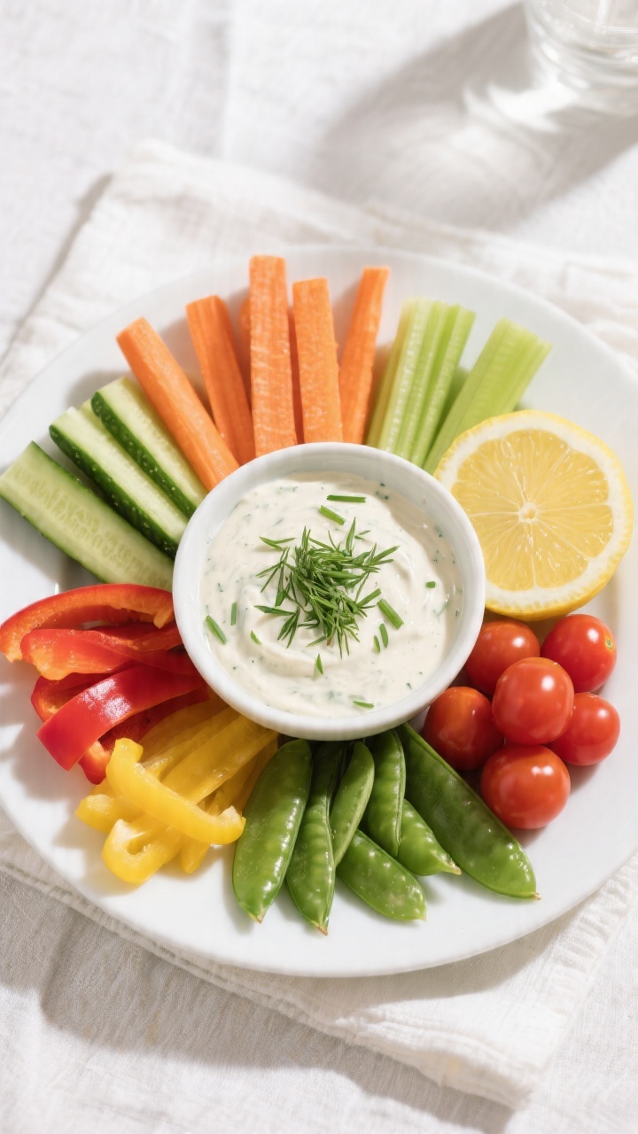 Tasty top view: Overhead shot of a neatly arranged veggie platter ready to serve—uniform carrot st