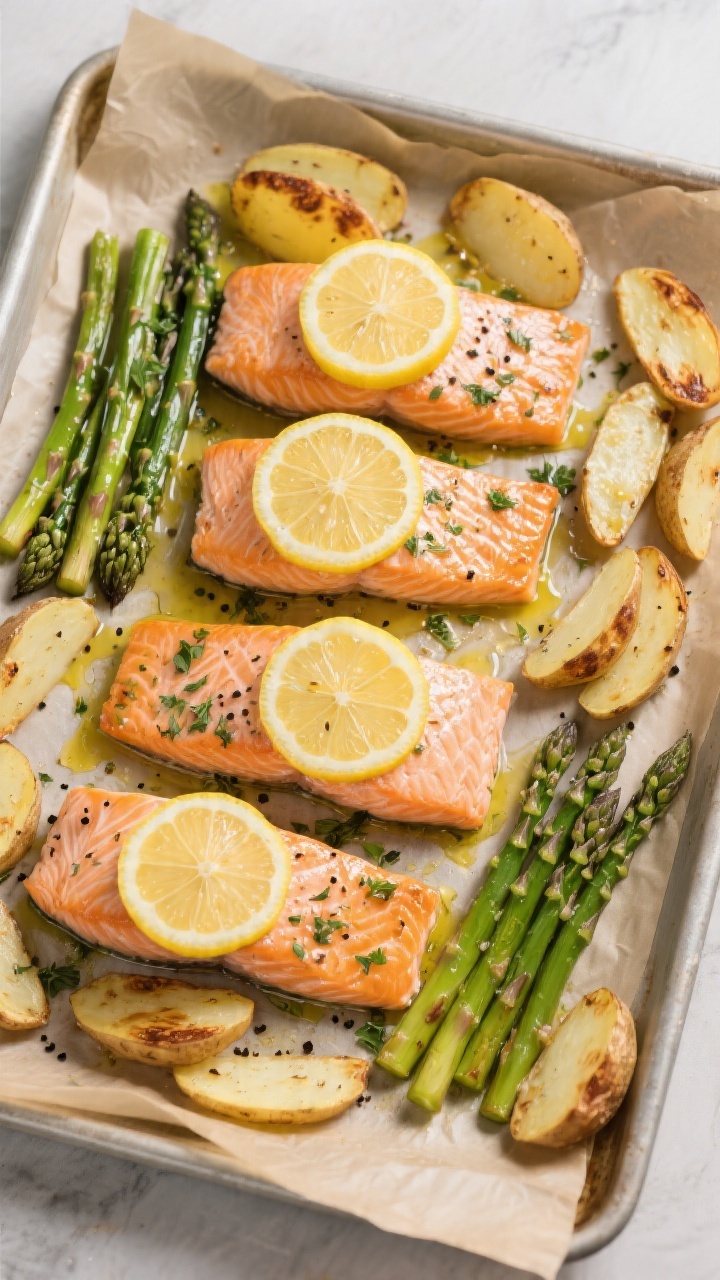 Tasty top view: Overhead shot of a sheet-pan style dinner—four salmon fillets arranged with thin l