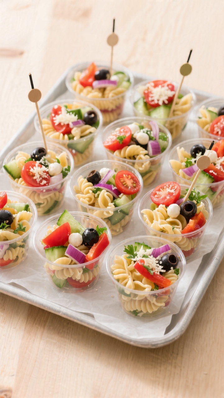 Tasty top view: Overhead shot of a tray of 12–16 clear 5–9 oz cups filled with colorful mini pas