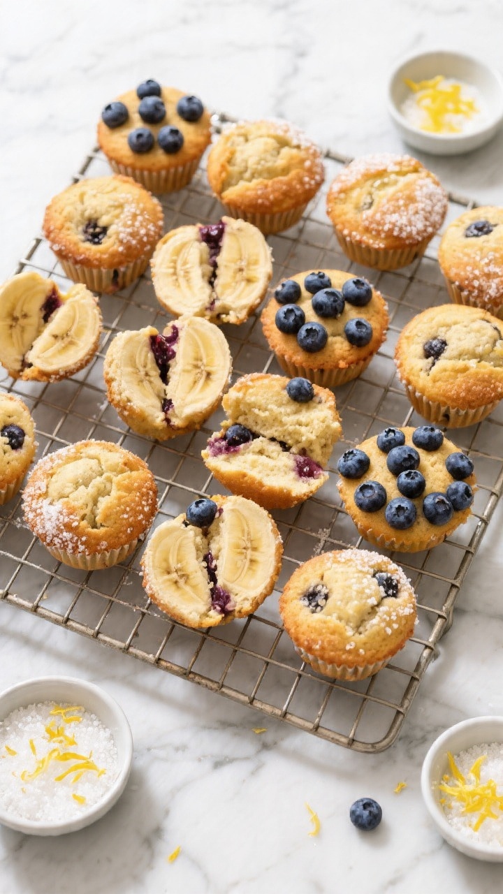 Tasty top view: Overhead shot of an assorted platter mixing banana and blueberry mini muffins arrang