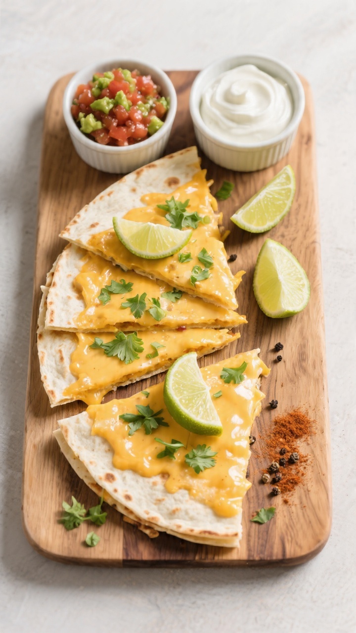 Tasty top view: Overhead shot of freshly cut quesadilla wedges arranged in a fan on a wooden board, 