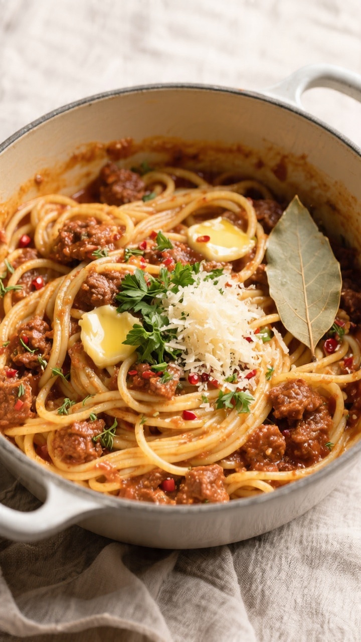 Tasty top view: Overhead shot of spaghetti just married with meat sauce in a Dutch oven—sauce clin