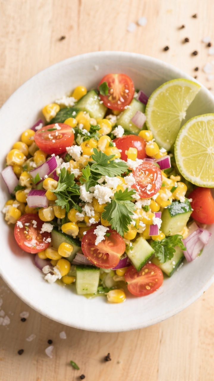 Tasty top view: Overhead shot of the assembled summer corn salad in a wide, shallow white bowl—vib