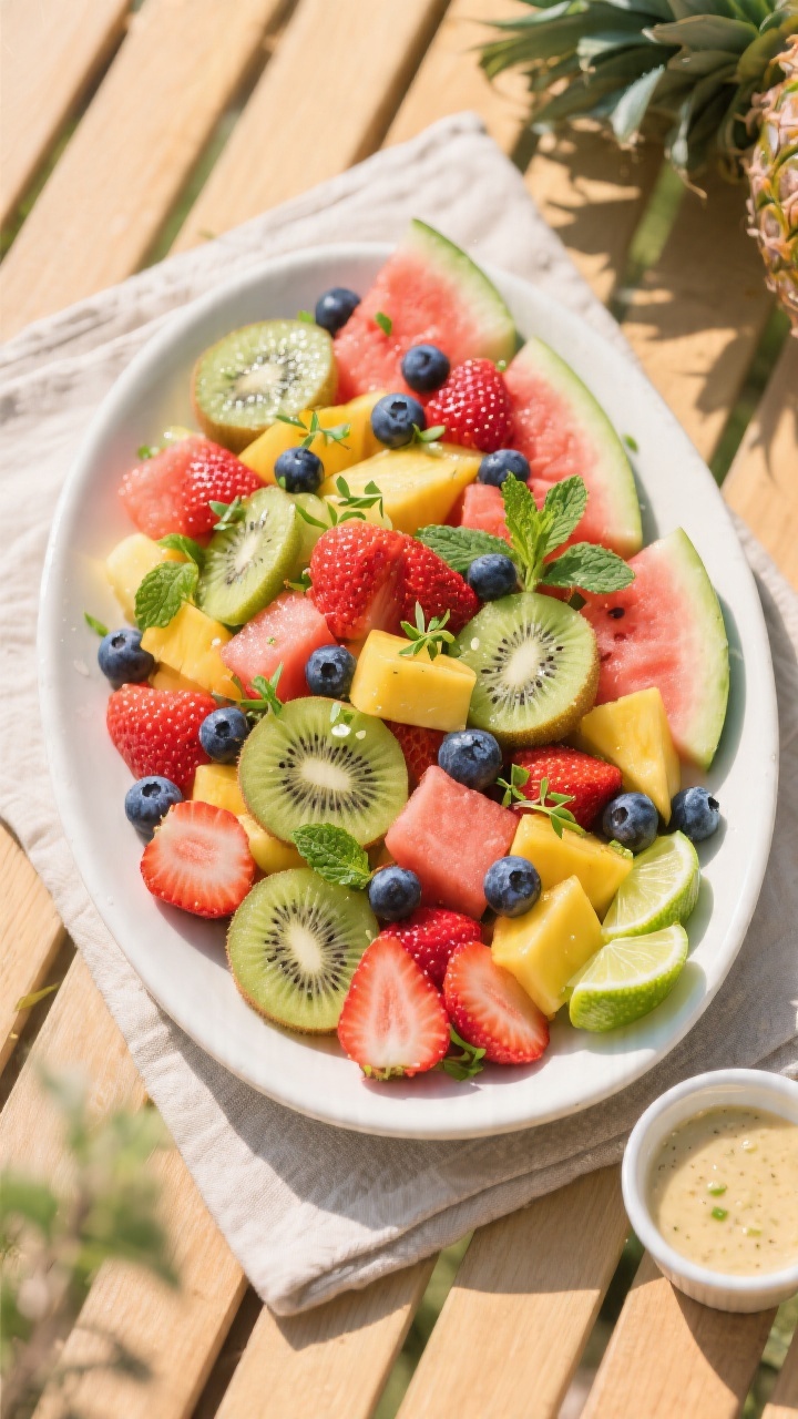 Tasty top view: Overhead shot of the chilled, finished summer fruit salad beautifully presented in a