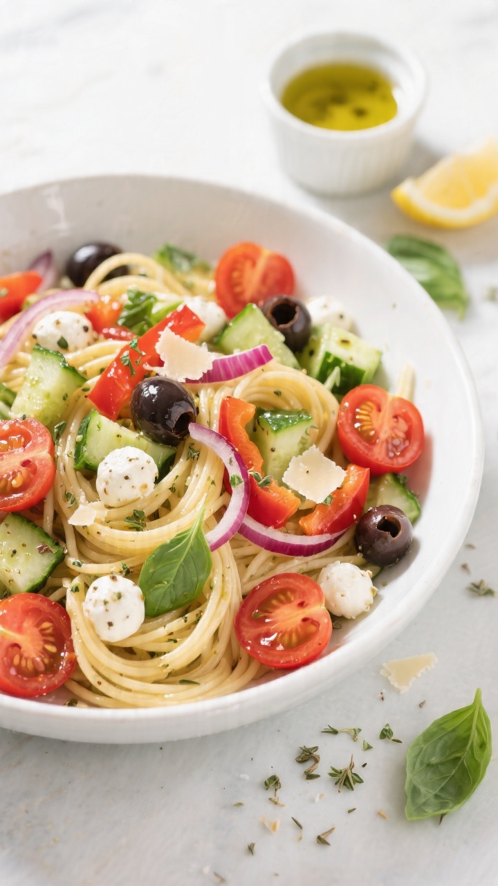 Tasty top view: Overhead shot of the chilled summer Italian spaghetti salad in a large white ceramic