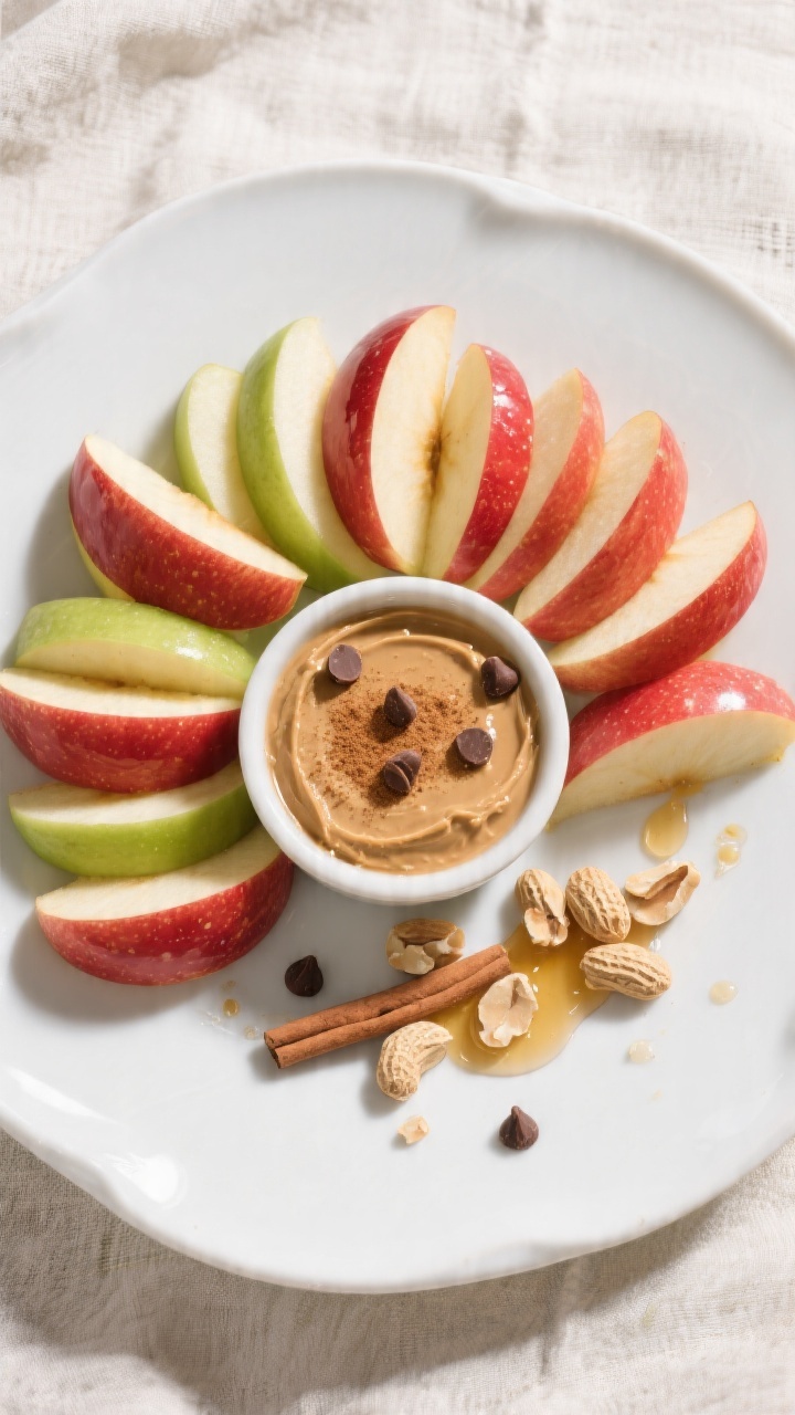 Tasty top view: Overhead shot of the final platter—fan of glossy apple slices (red and green skins