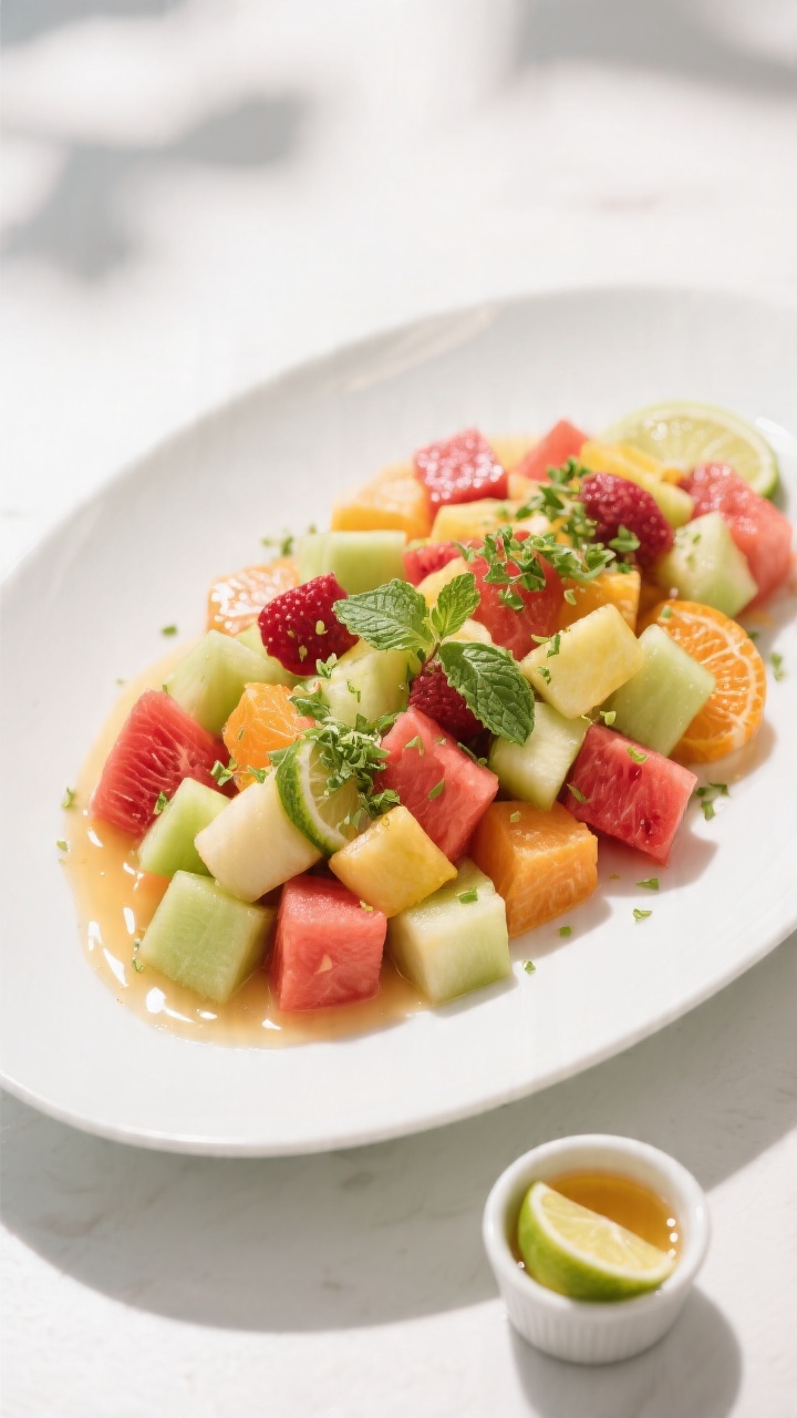 Tasty top view: Overhead shot of the finished fruit salad styled for serving—arranged in a wide, l