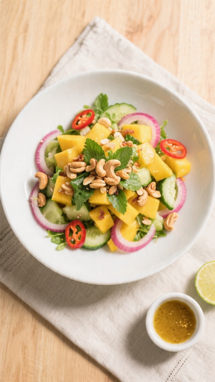 Tasty top view: Overhead shot of the finished Mango Salad plated in a wide, low matte-white bowl, ar
