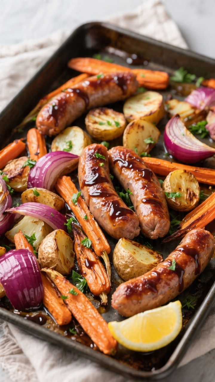 Tasty top view: Overhead shot of the finished Sheet Pan Sausage and Roasted Veggies straight from th