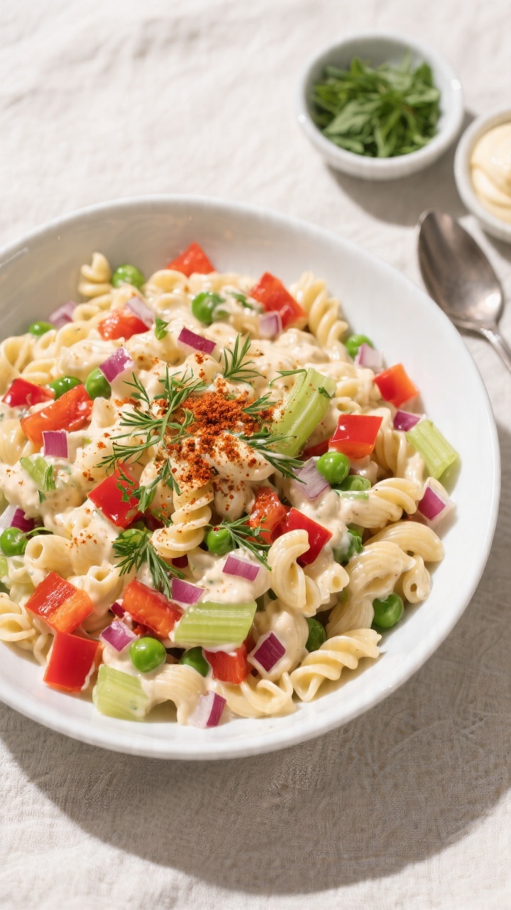 Tasty top view: Overhead shot of the finished summer macaroni salad in a wide, shallow white serving