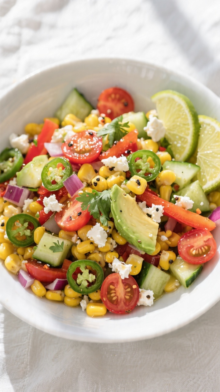 Tasty top view: Overhead shot of the prepared summer corn salad in a wide, low white bowl—yellow c