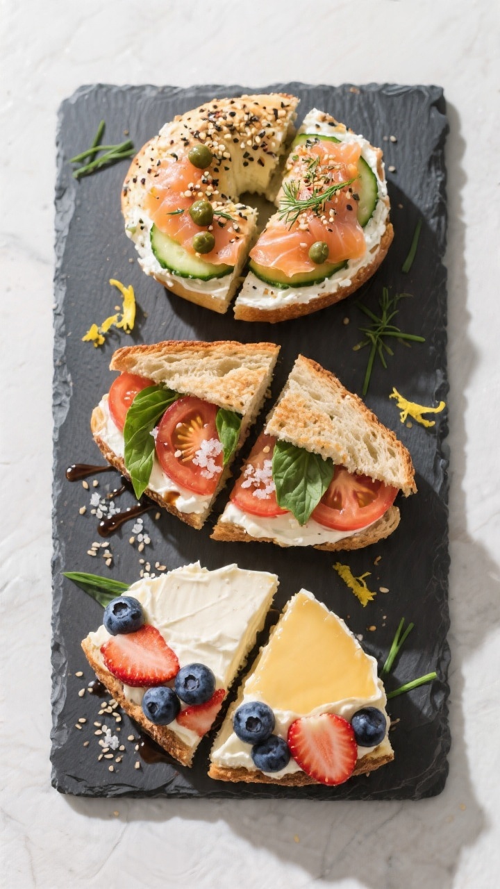 Tasty top view: Overhead shot of three finished variations on a matte slate platter—Everything Bag