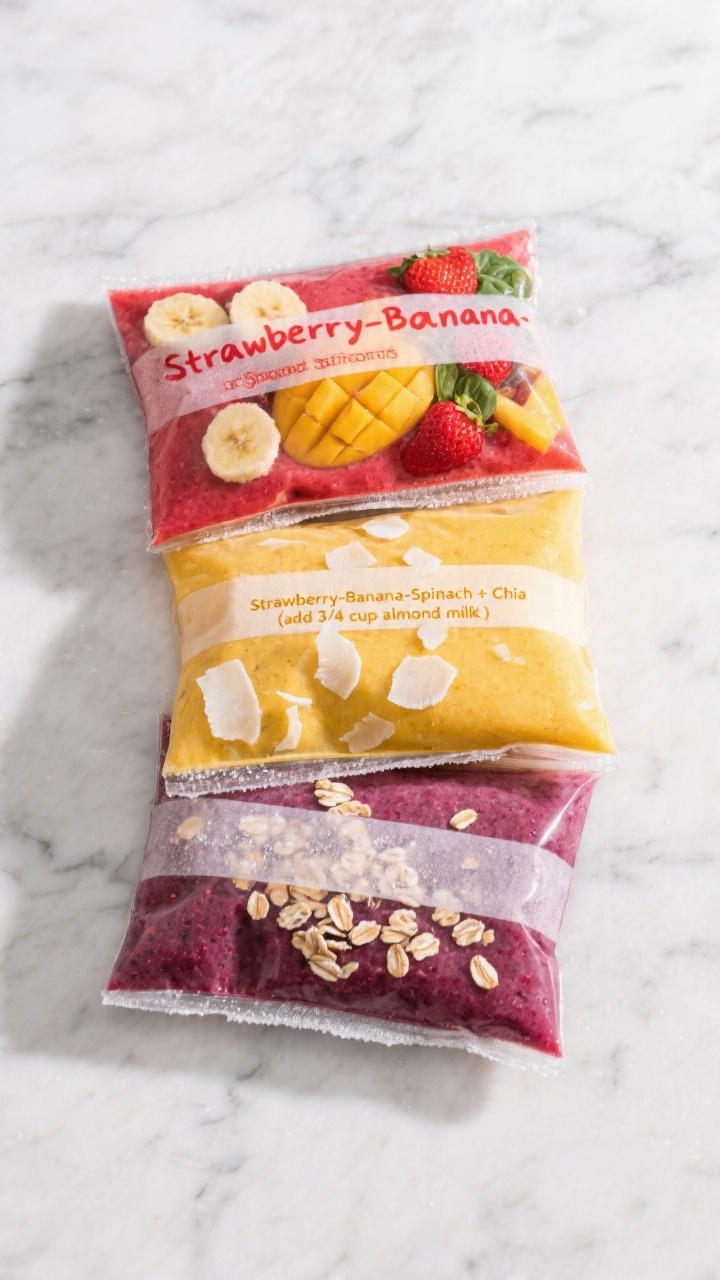 Tasty top view: Overhead shot of three labeled, flattened smoothie pouches stacked neatly on a marbl