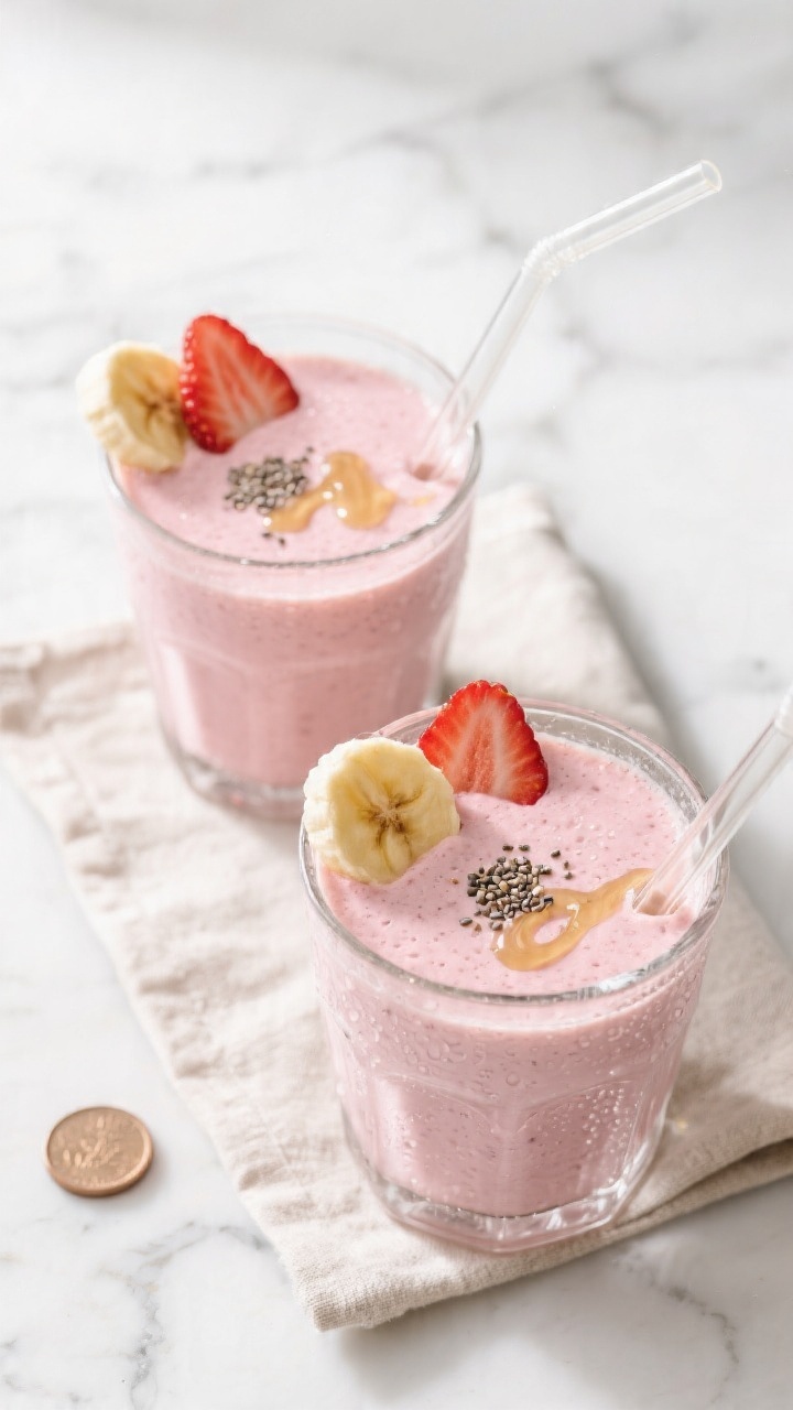 Tasty top view: Overhead shot of two finished strawberry banana smoothies in clear glasses, topped w