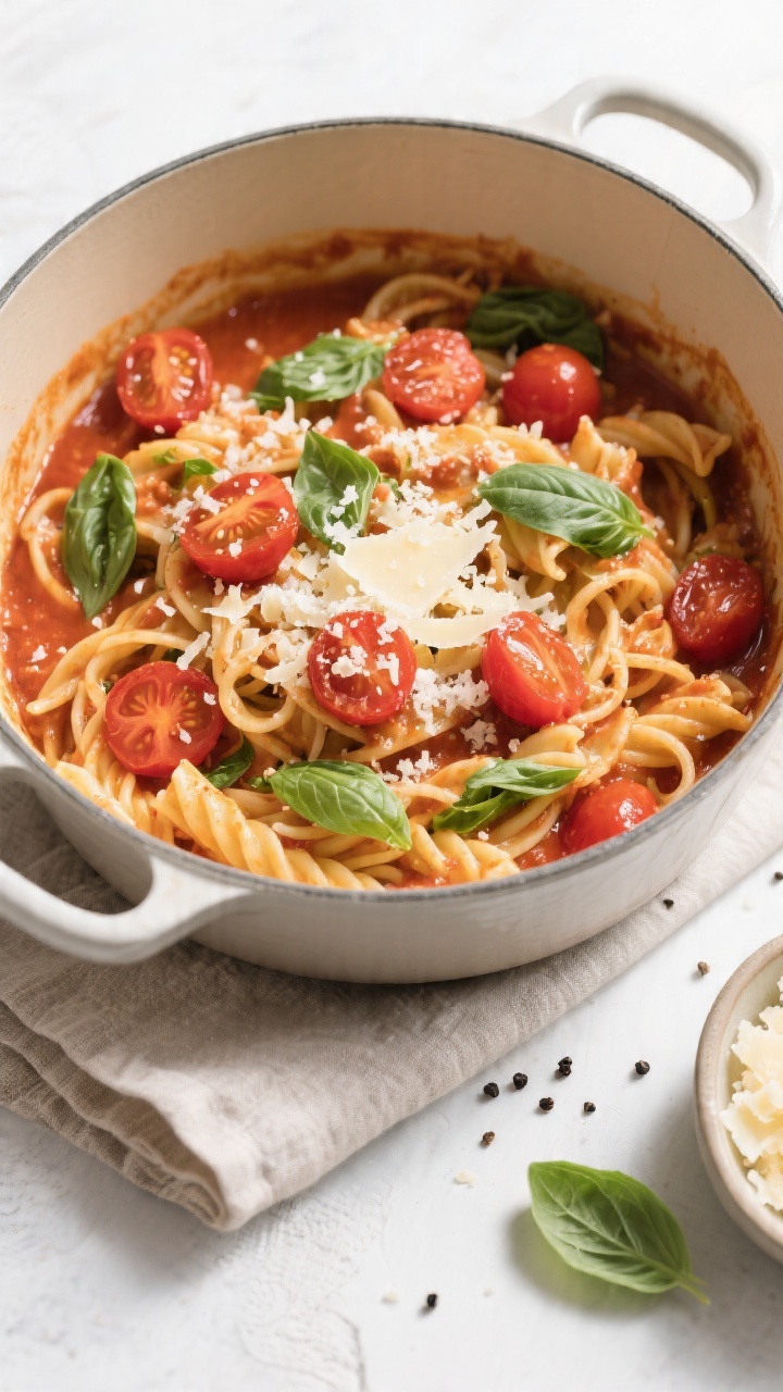 Tasty top view, overhead shot: Overhead of the finished One-Pot Tomato Basil Pasta in the pot, sauce