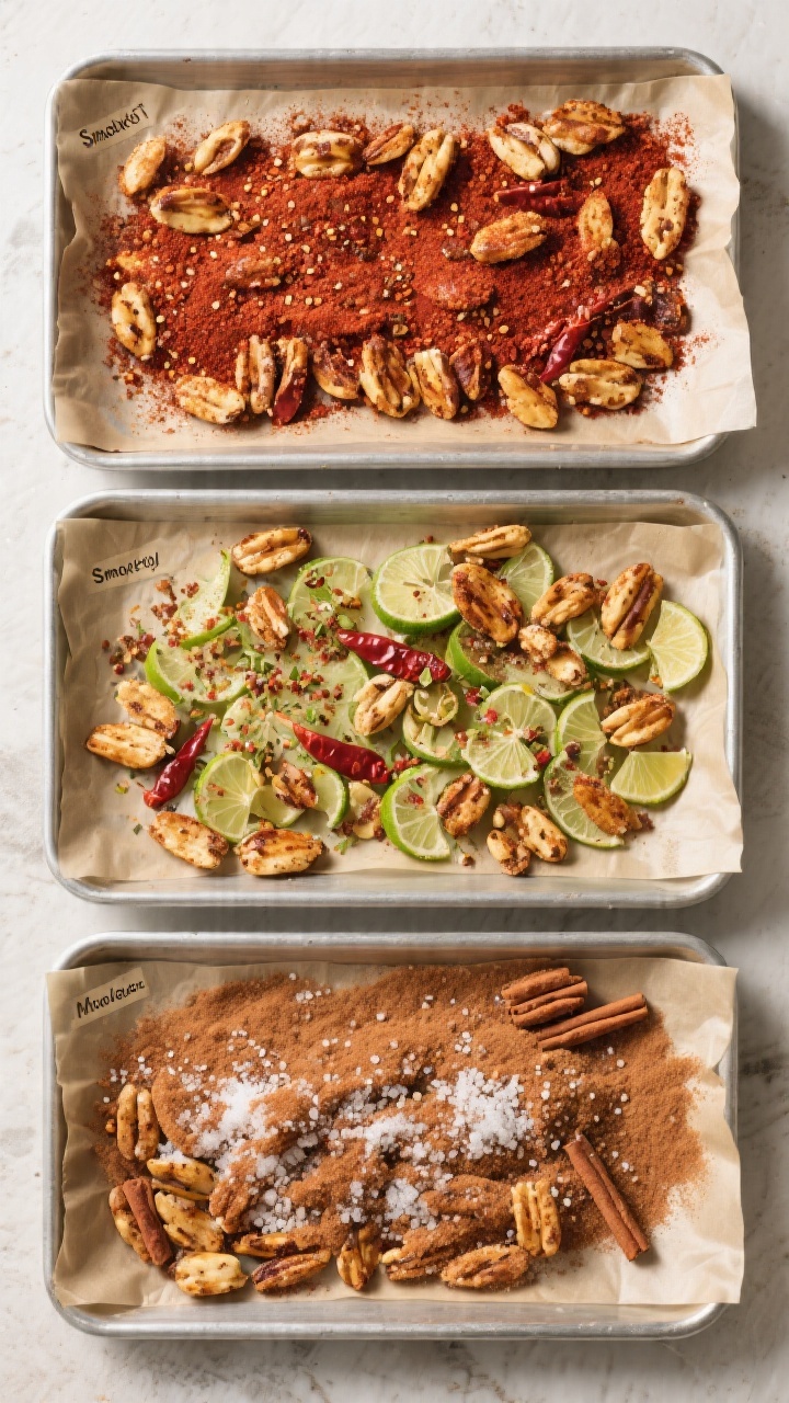 Tasty top view — seasoning variations side-by-side: Overhead shot of three sheet pans arranged gri
