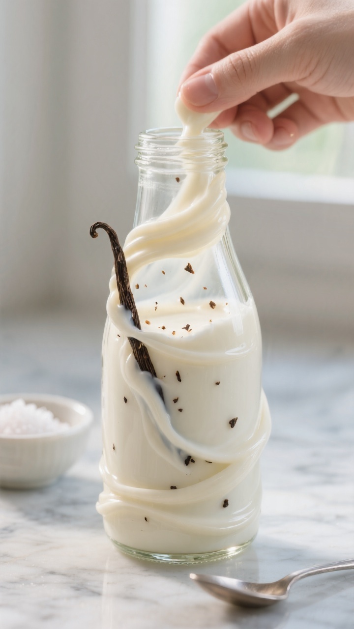 Close-up detail: A chilled glass bottle of Classic Vanilla Sweet Cream Creamer being gently swirled,