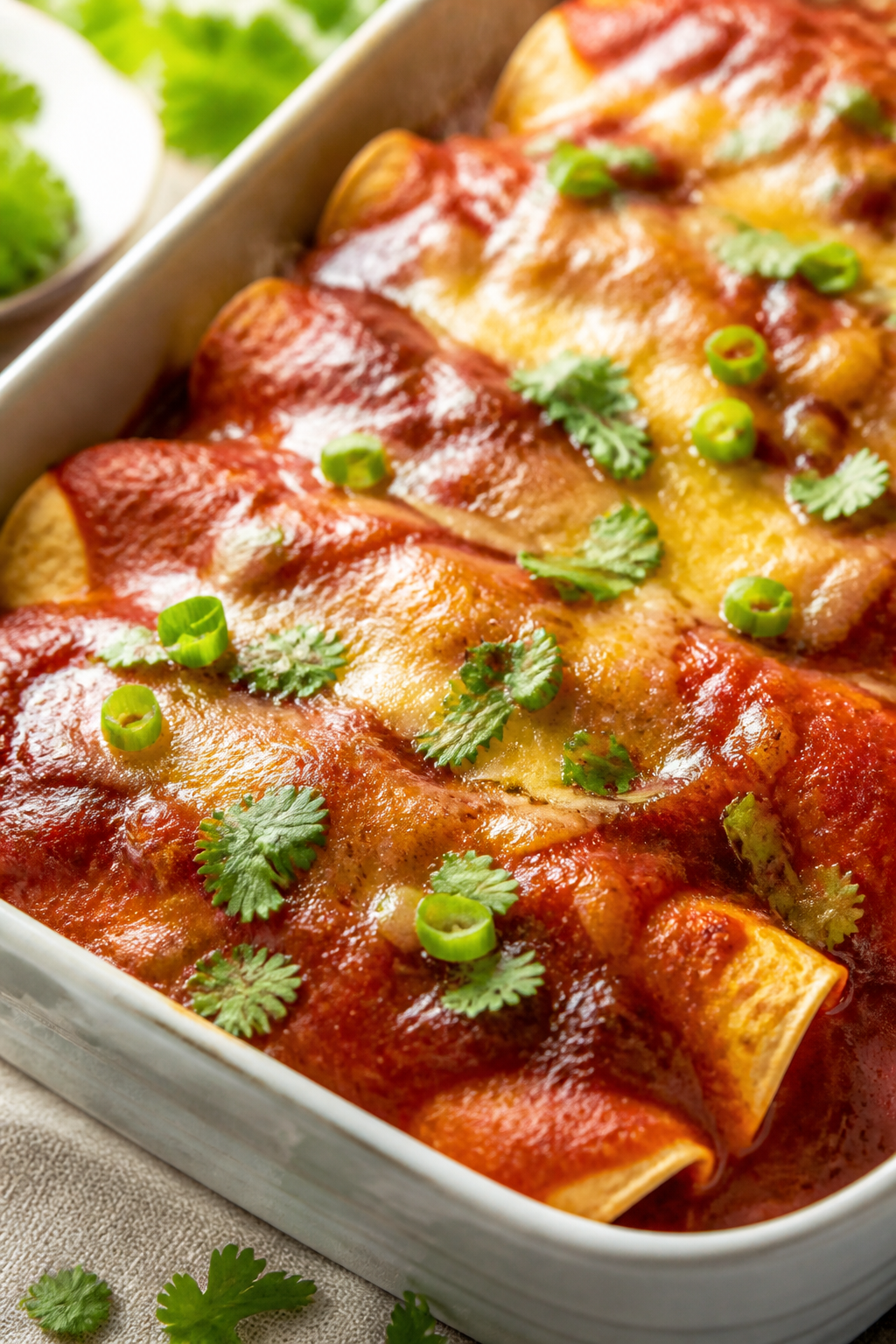 Close-up detail: A just-baked tray of breakfast enchiladas with red sauce, cheese melted and lightly