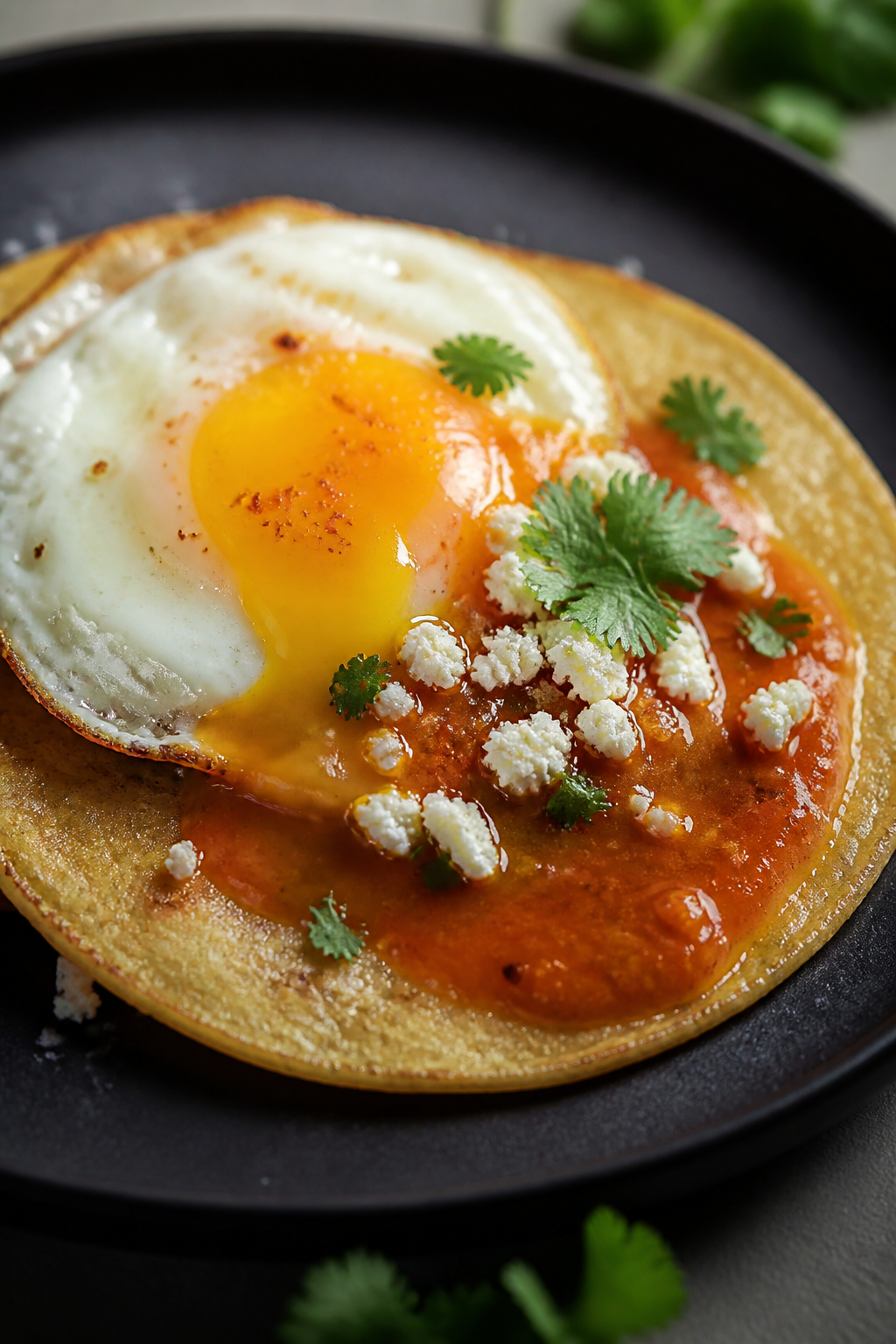 Close-up detail: A just-fried corn tortilla topped with a sunny-side-up egg, glossy runny yolk pooli