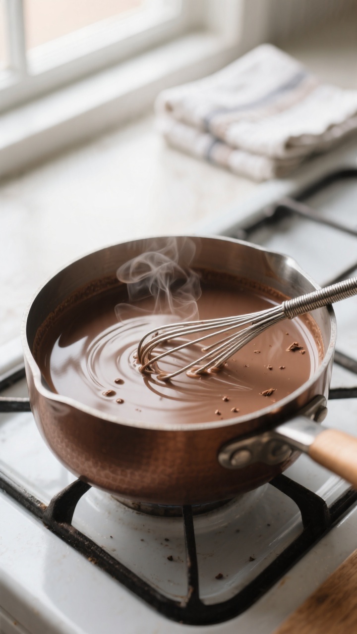 Close-up detail: A small saucepan of freshly made mocha creamer at a gentle simmer, glossy and silky