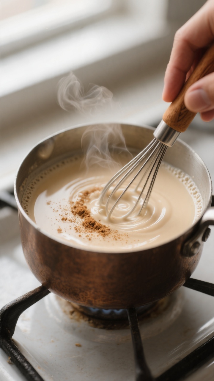 Close-up detail: A small saucepan of warm, just-emulsified vanilla almond creamer being whisked smoo