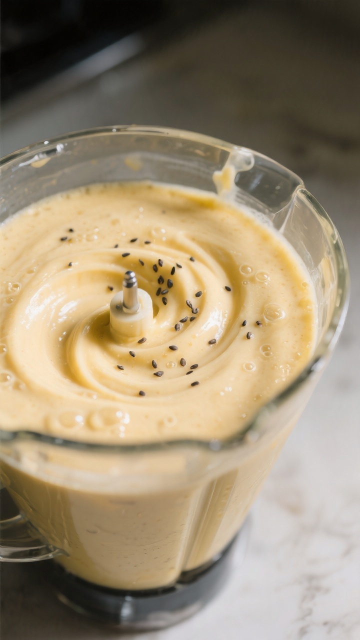 Close-up detail: A thick banana–mango smoothie mid-blend swirling in a clear high-speed blender ja