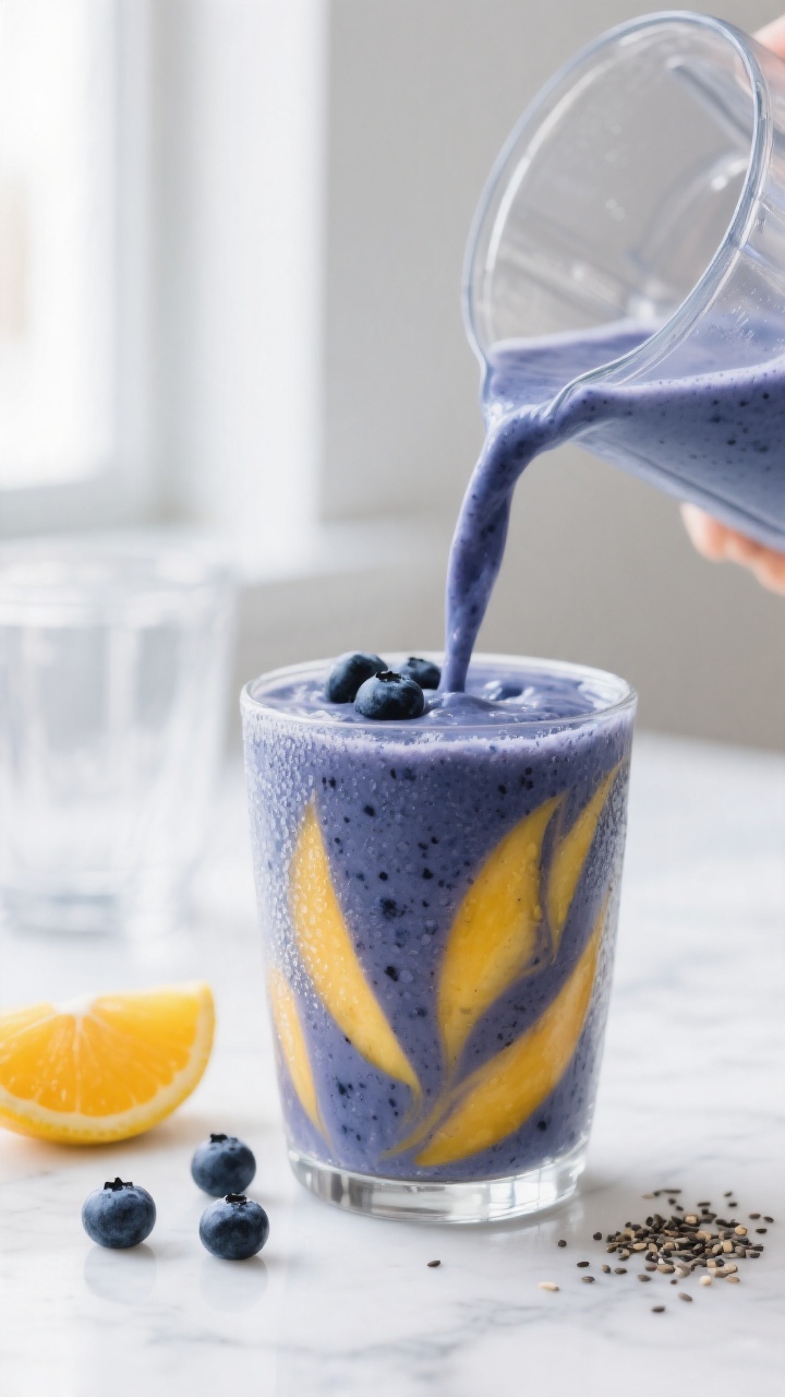 Close-up detail: A thick, freshly blended blueberry-mango smoothie being poured into a chilled clear
